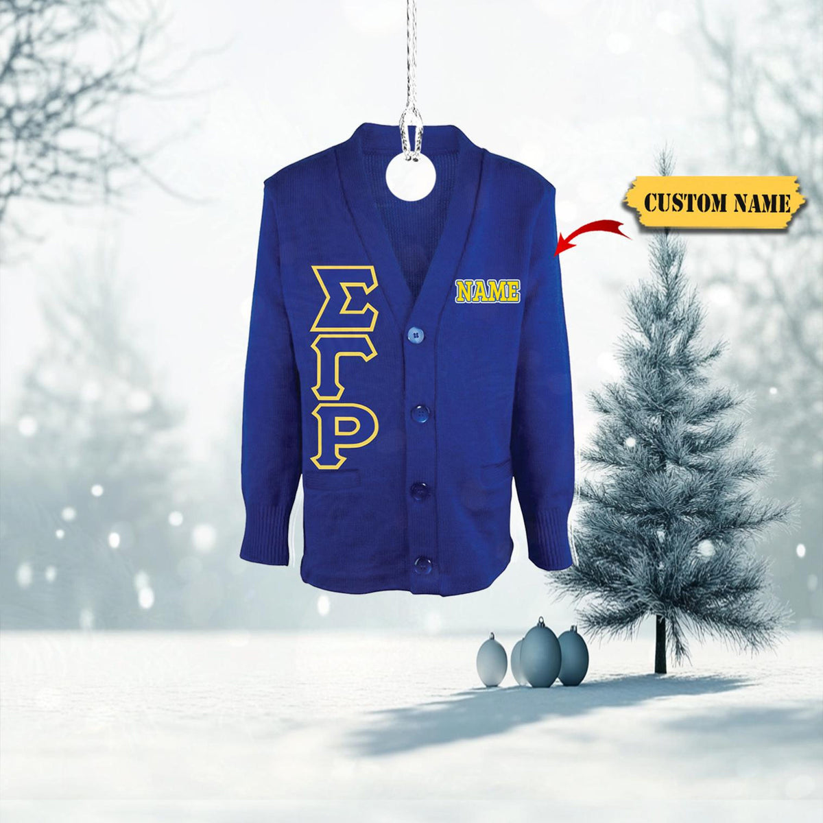 Sigma Gamma Rho Acrylic Cardigan Ornament, Custom Name Option – Blue And Gold Greek Life Keepsake, Unique Sorority 2D Christmasgift