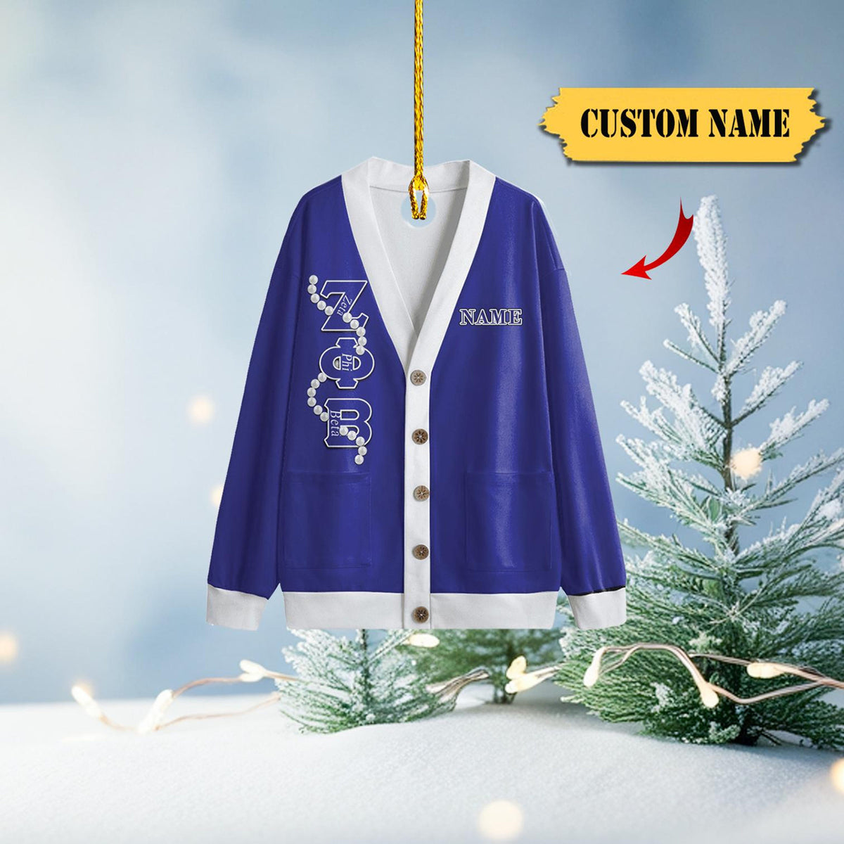 Zeta Phi Beta Acrylic Cardigan Ornament, Custom Name Option – Blue And White Greek Life Keepsake With Pearl Design, Acrylic 2D Christmas Ornament