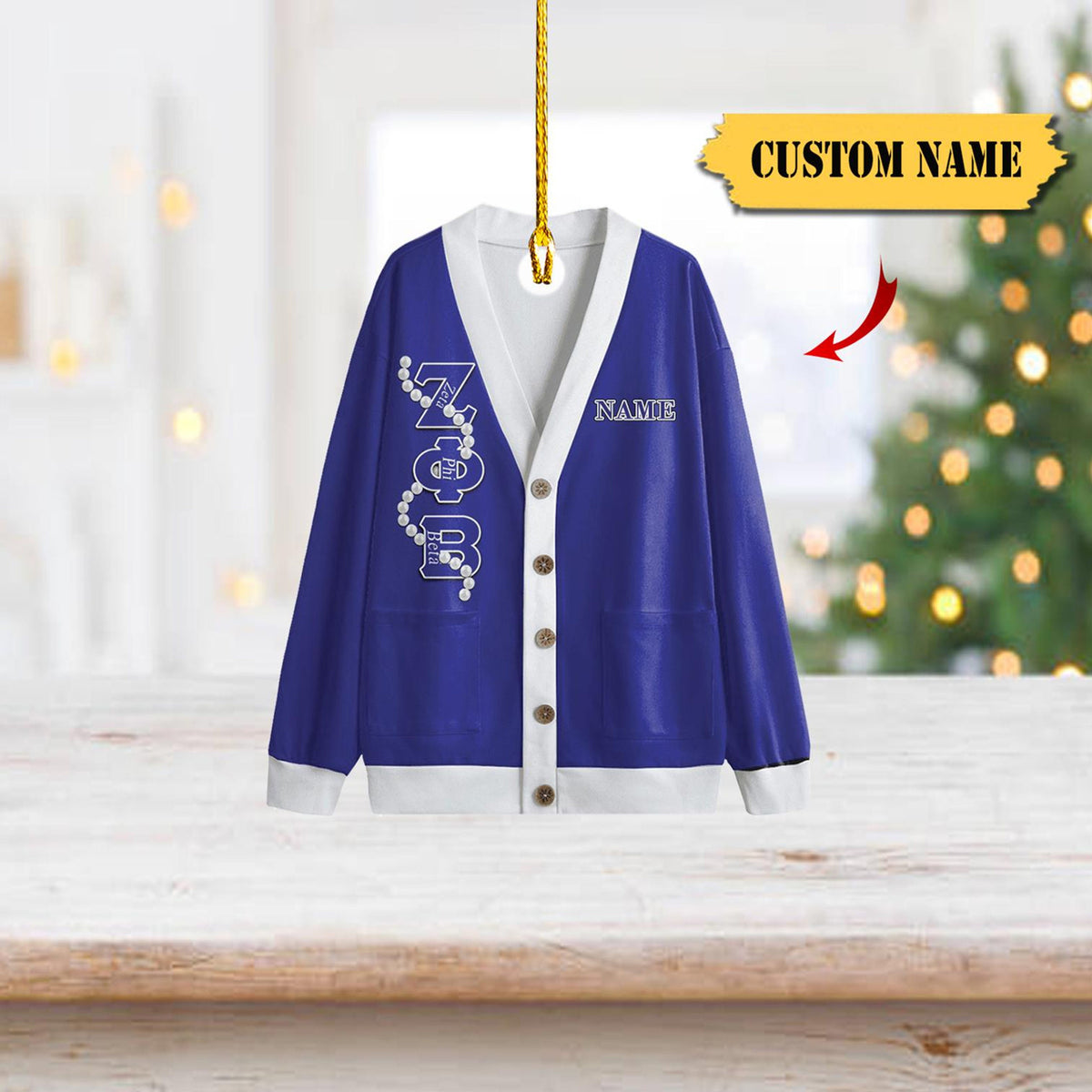 Zeta Phi Beta Acrylic Cardigan Ornament, Custom Name Option – Blue And White Greek Life Keepsake With Pearl Design, Acrylic 2D Christmas Ornament