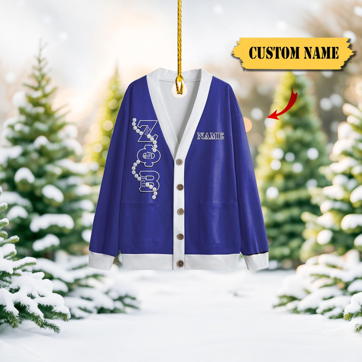 Zeta Phi Beta Acrylic Cardigan Ornament, Custom Name Option – Blue And White Greek Life Keepsake With Pearl Design, Acrylic 2D Christmas Ornament