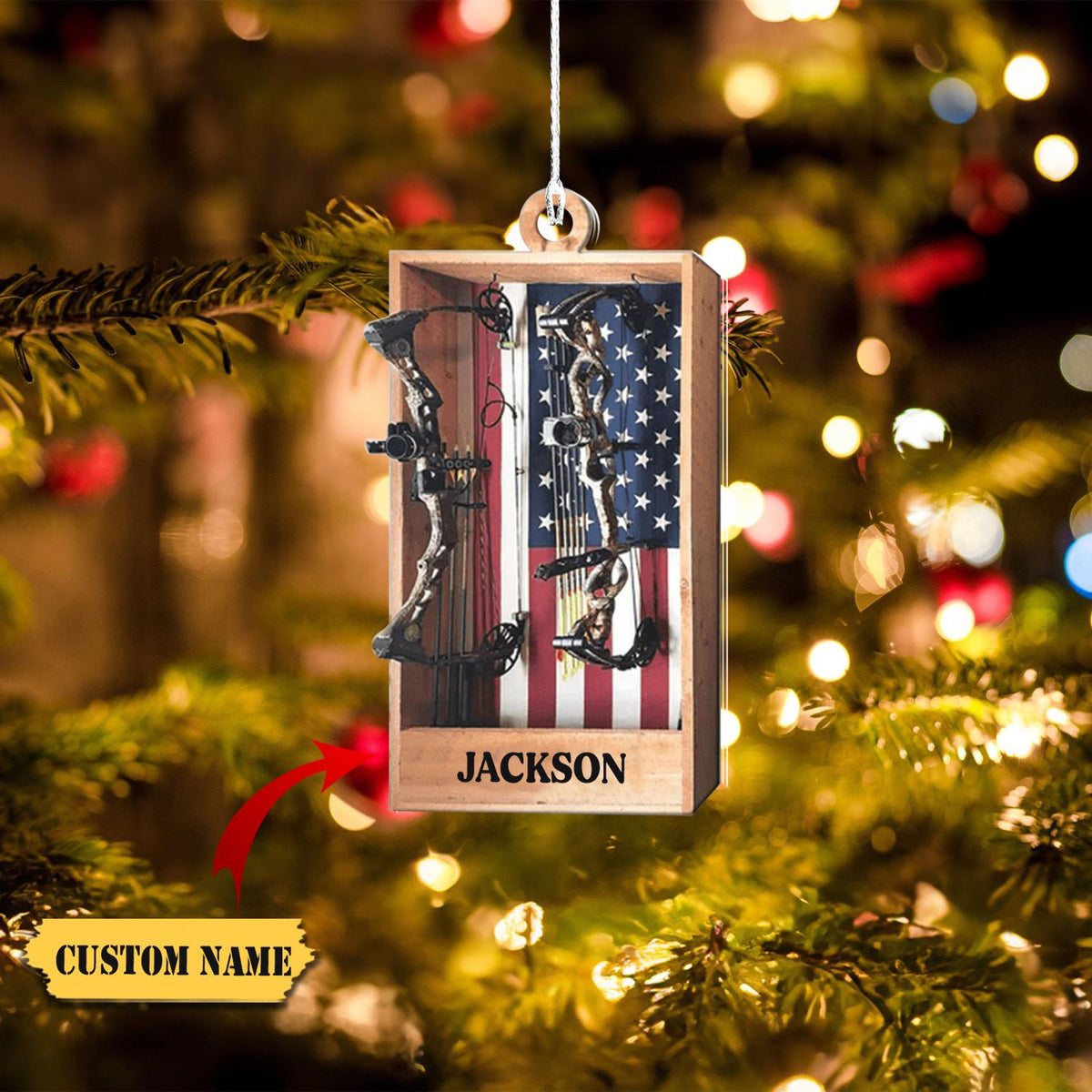 Archery Hunting Personalized Christmas Ornaments, Archery Hunting American Flag Ornament, Custom Name Ornament, 2D Ornament Christmas Gift