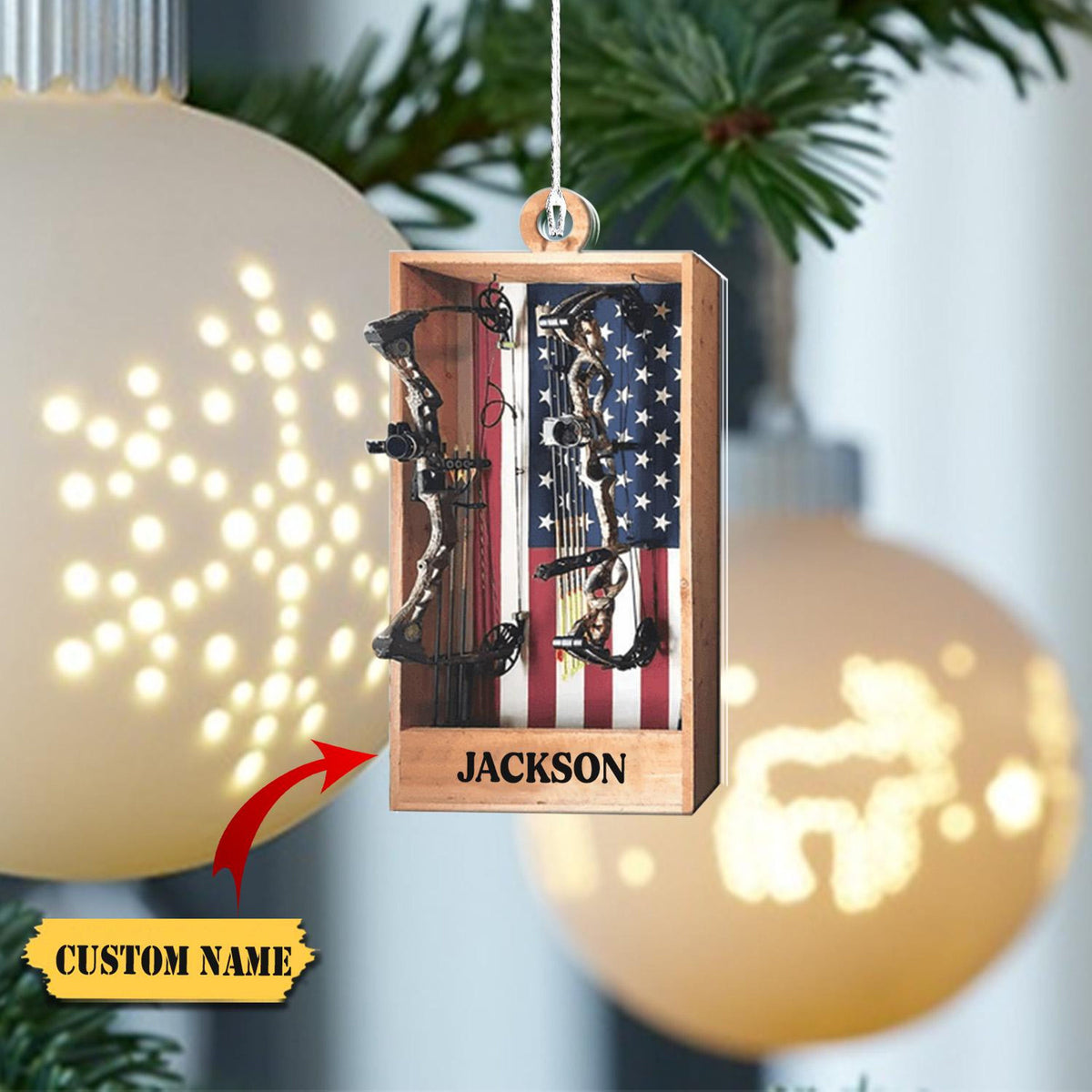 Archery Hunting Personalized Christmas Ornaments, Archery Hunting American Flag Ornament, Custom Name Ornament, 2D Ornament Christmas Gift
