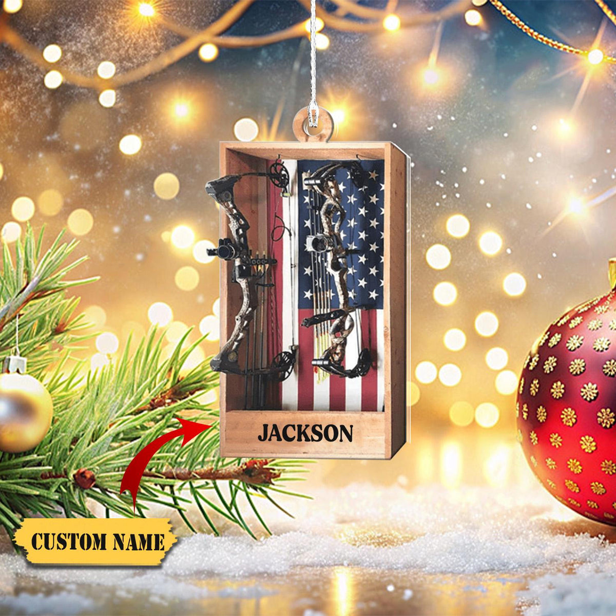 Archery Hunting Personalized Christmas Ornaments, Archery Hunting American Flag Ornament, Custom Name Ornament, 2D Ornament Christmas Gift