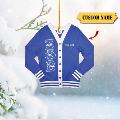 Zeta Phi Beta Acrylic Cardigan Ornament, Custom Name Option, Blue And White Greek Life Keepsake, 2D Ornament Christmas Gift