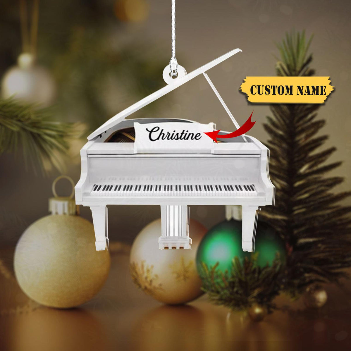 White Piano Christmas Ornament Acrylic Personalized Piano Ornament For Piano Lover Christmas, Acrylic 2D Christmas Ornament