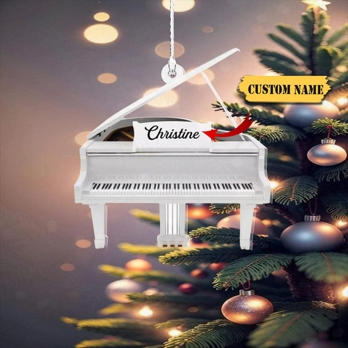 White Piano Christmas Ornament Acrylic Personalized Piano Ornament For Piano Lover Christmas, Acrylic 2D Christmas Ornament
