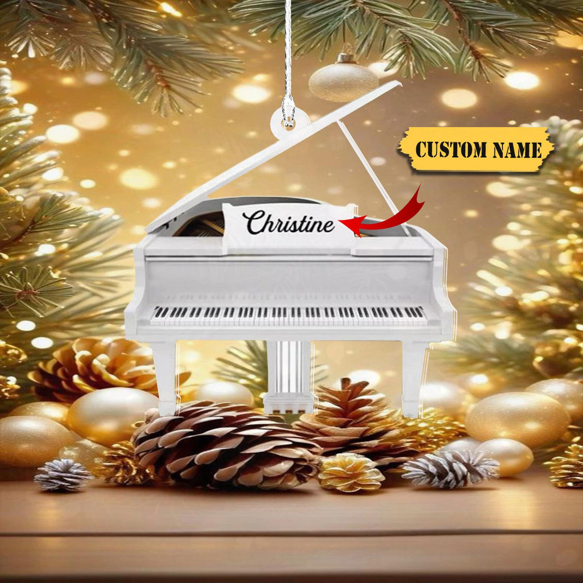 White Piano Christmas Ornament Acrylic Personalized Piano Ornament For Piano Lover Christmas, Acrylic 2D Christmas Ornament