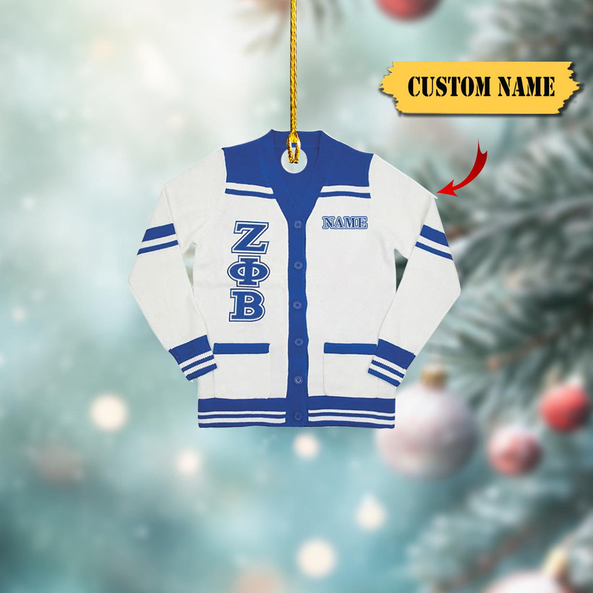 Zeta Phi Beta Acrylic Cardigan Ornament, Custom Name Option – White And Blue Greek Life Keepsake, Unique Sorority 2D Christmasgift