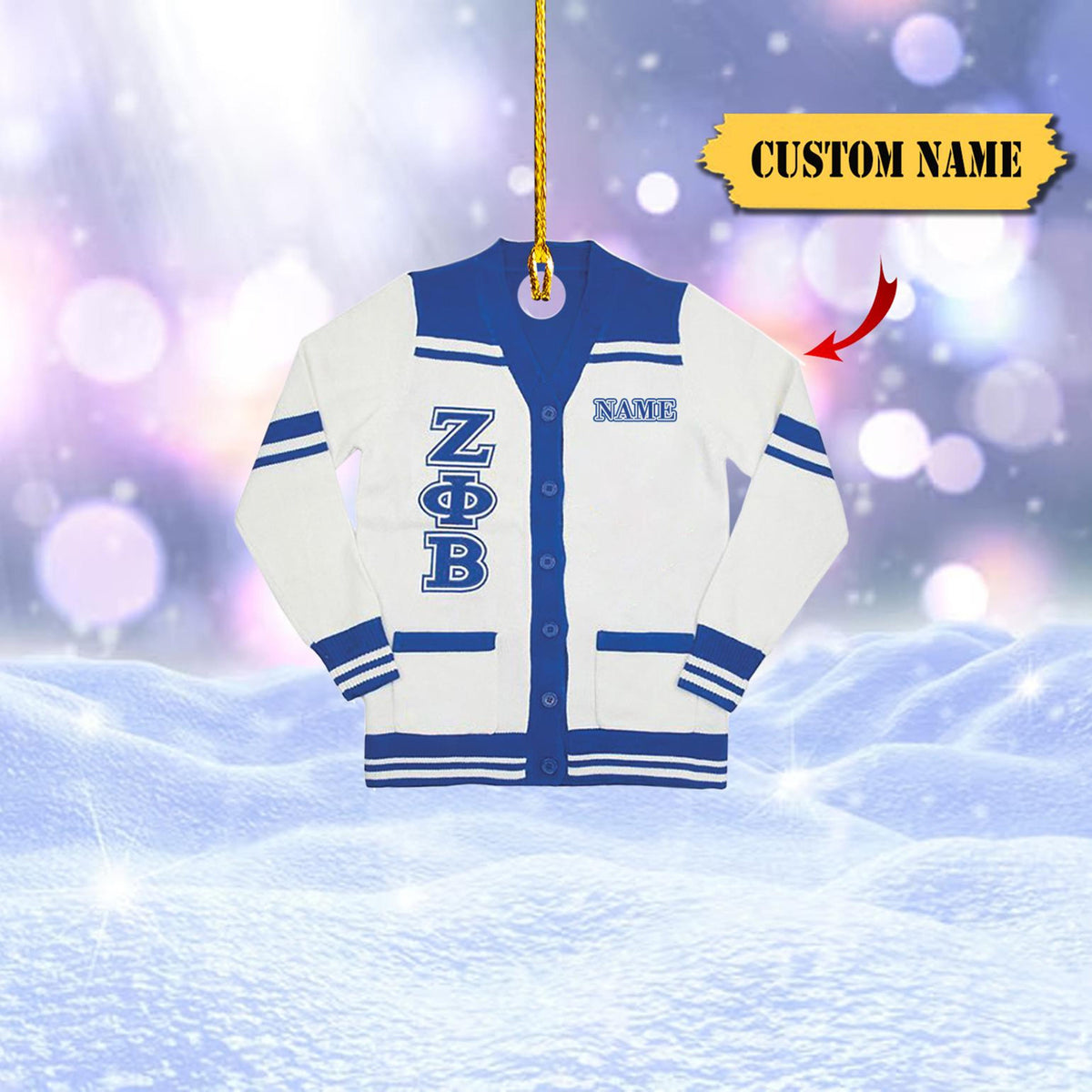 Zeta Phi Beta Acrylic Cardigan Ornament, Custom Name Option – White And Blue Greek Life Keepsake, Unique Sorority 2D Christmasgift