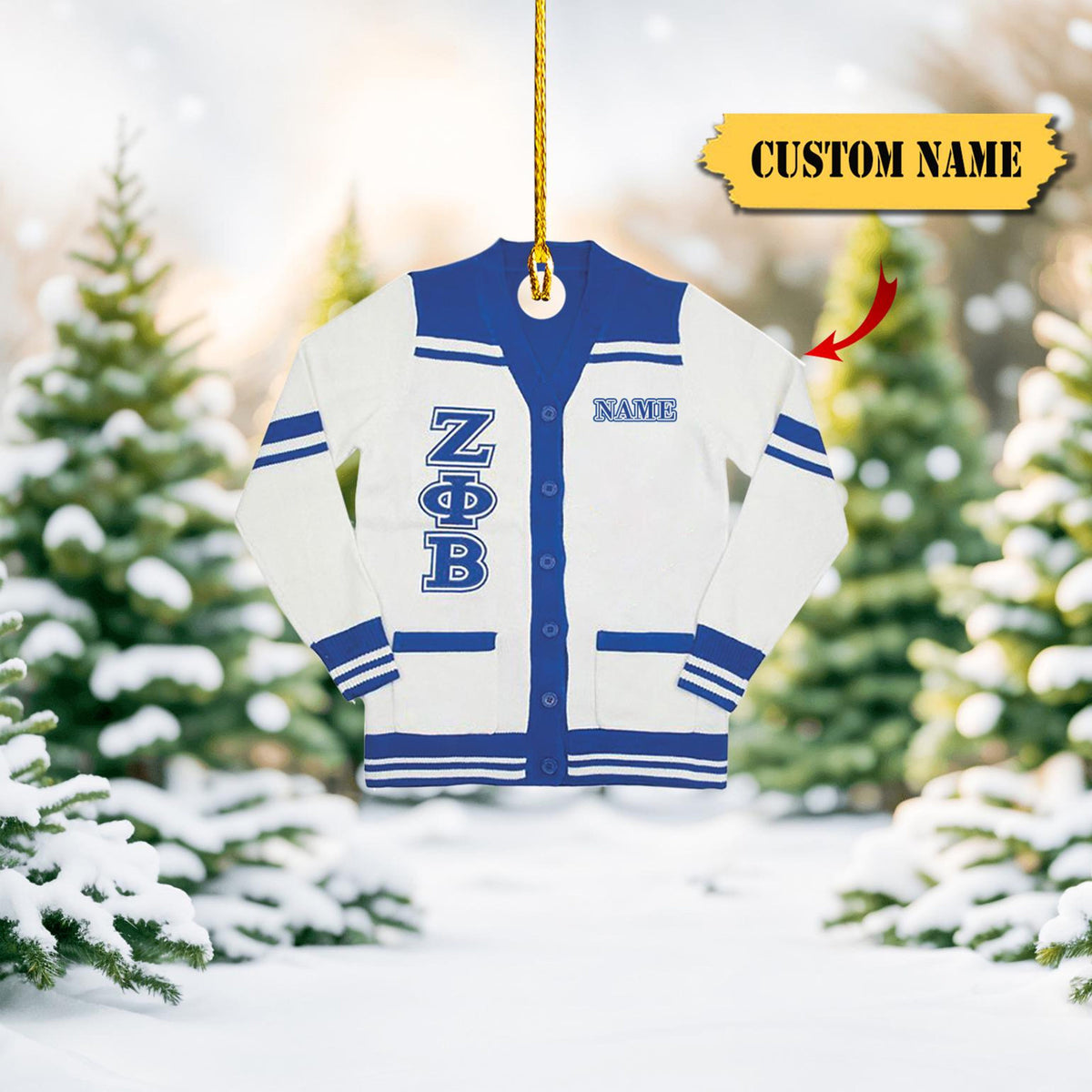 Zeta Phi Beta Acrylic Cardigan Ornament, Custom Name Option – White And Blue Greek Life Keepsake, Unique Sorority 2D Christmasgift