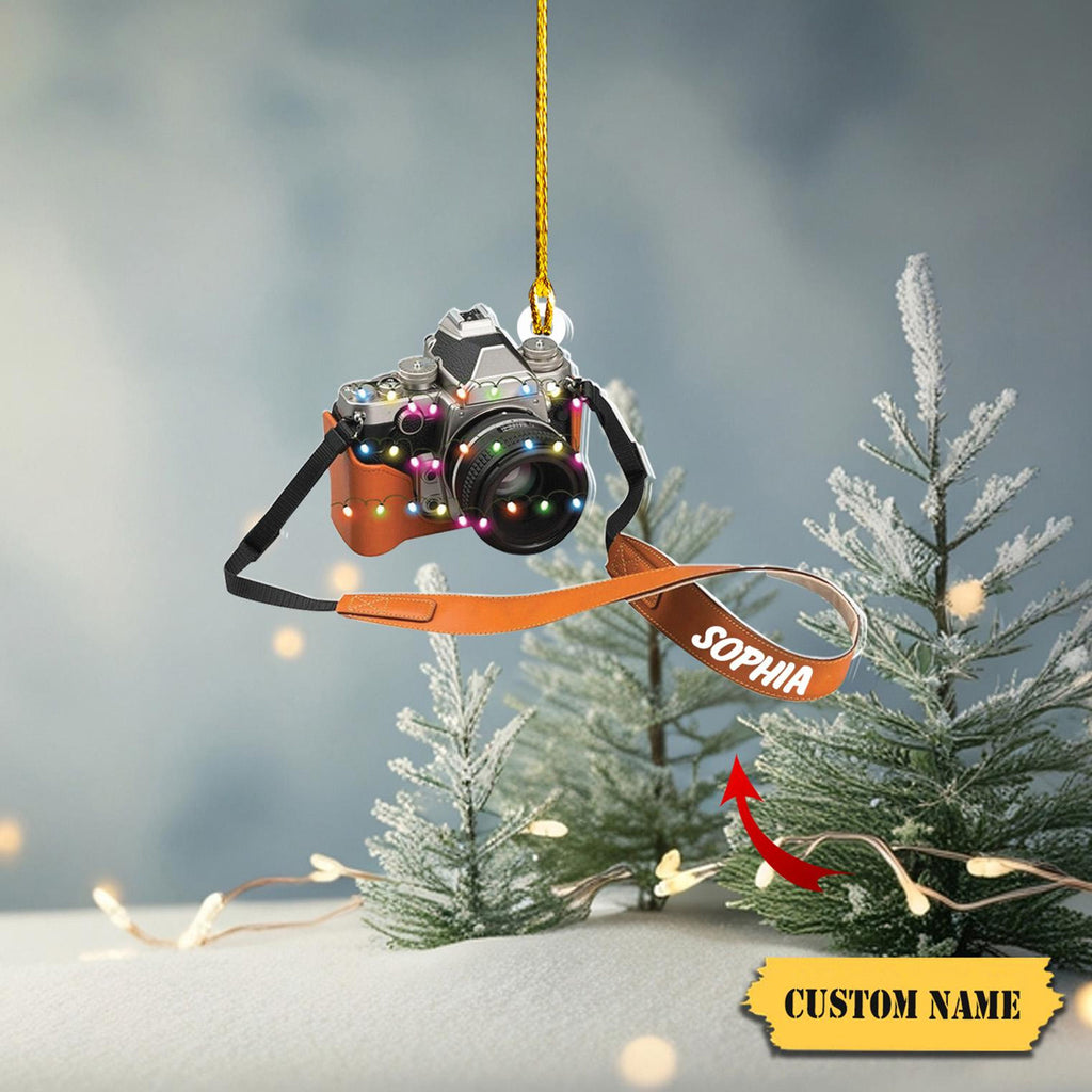 Personalized Name Camera Christmas Light Shape Flat Ornament, Christmas Ornament Camera Lover Gift, Gift For Photographers,2D Ornament Christmas Gift