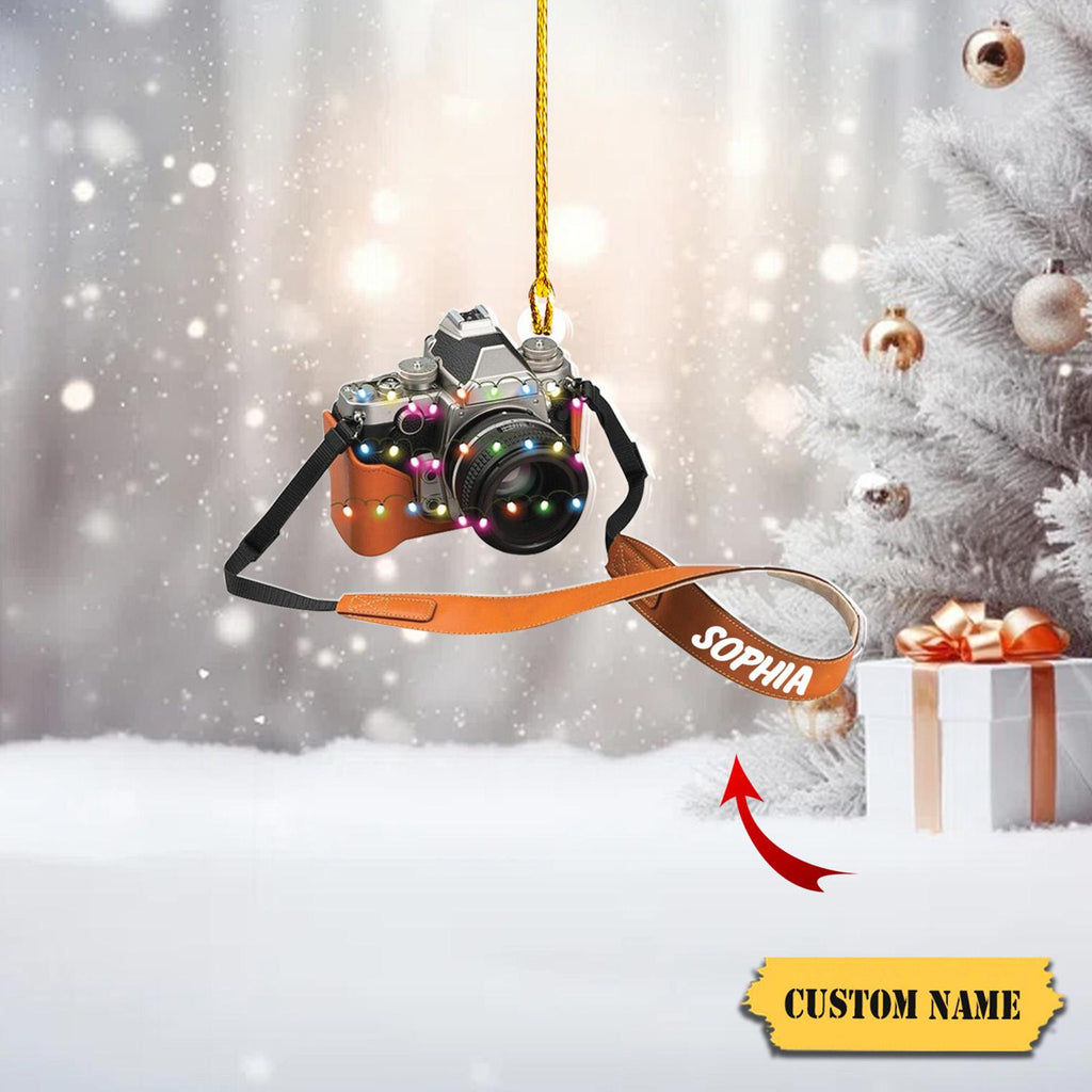 Personalized Name Camera Christmas Light Shape Flat Ornament, Christmas Ornament Camera Lover Gift, Gift For Photographers,2D Ornament Christmas Gift
