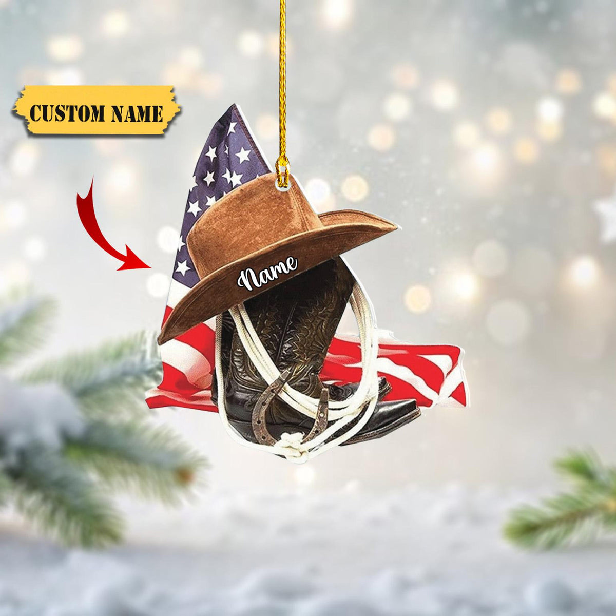 Personalized Cowboy Boots And Hat Christmas Ornament For Cowboy, Cowgirl Horseback Riding Ornament, 2D Horse Racing Ornament Christmas Gift