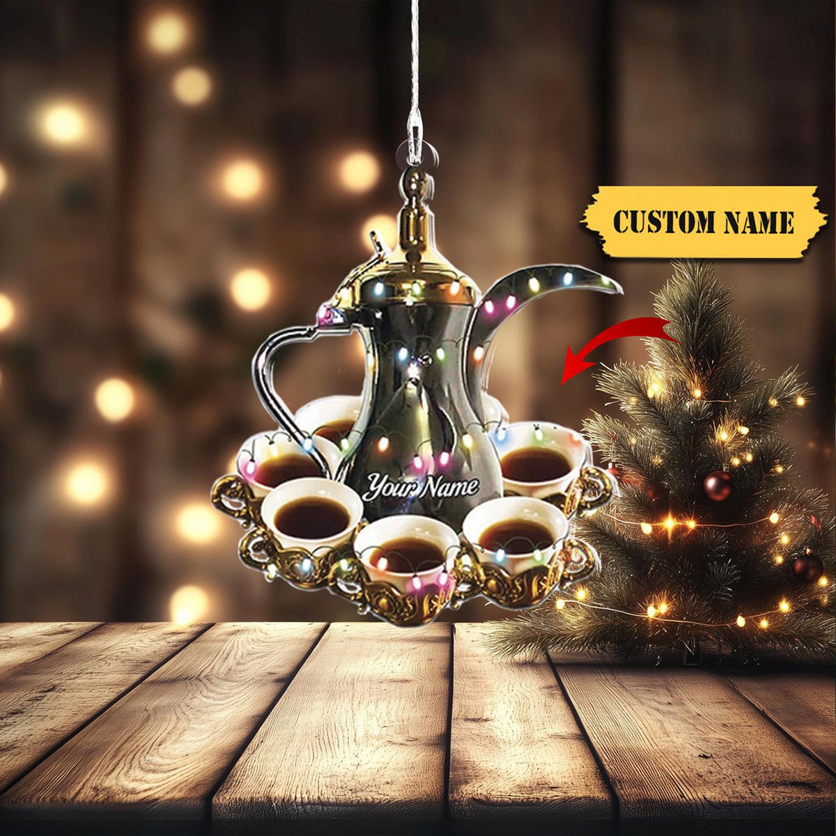 Arabic Coffee Christmas Ornament Flat 2D, Custom Name Barista Ornament, Christmas Gift, Coffee Machine Keepsake, Gift For Coffee Lovers