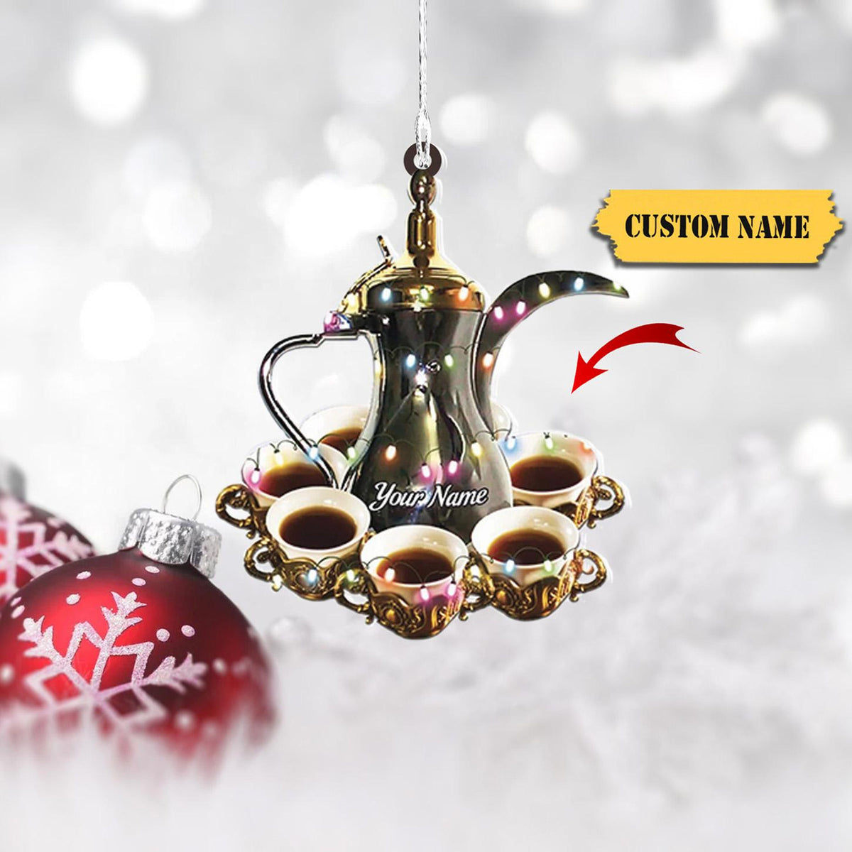 Arabic Coffee Christmas Ornament Flat 2D, Custom Name Barista Ornament, Christmas Gift, Coffee Machine Keepsake, Gift For Coffee Lovers