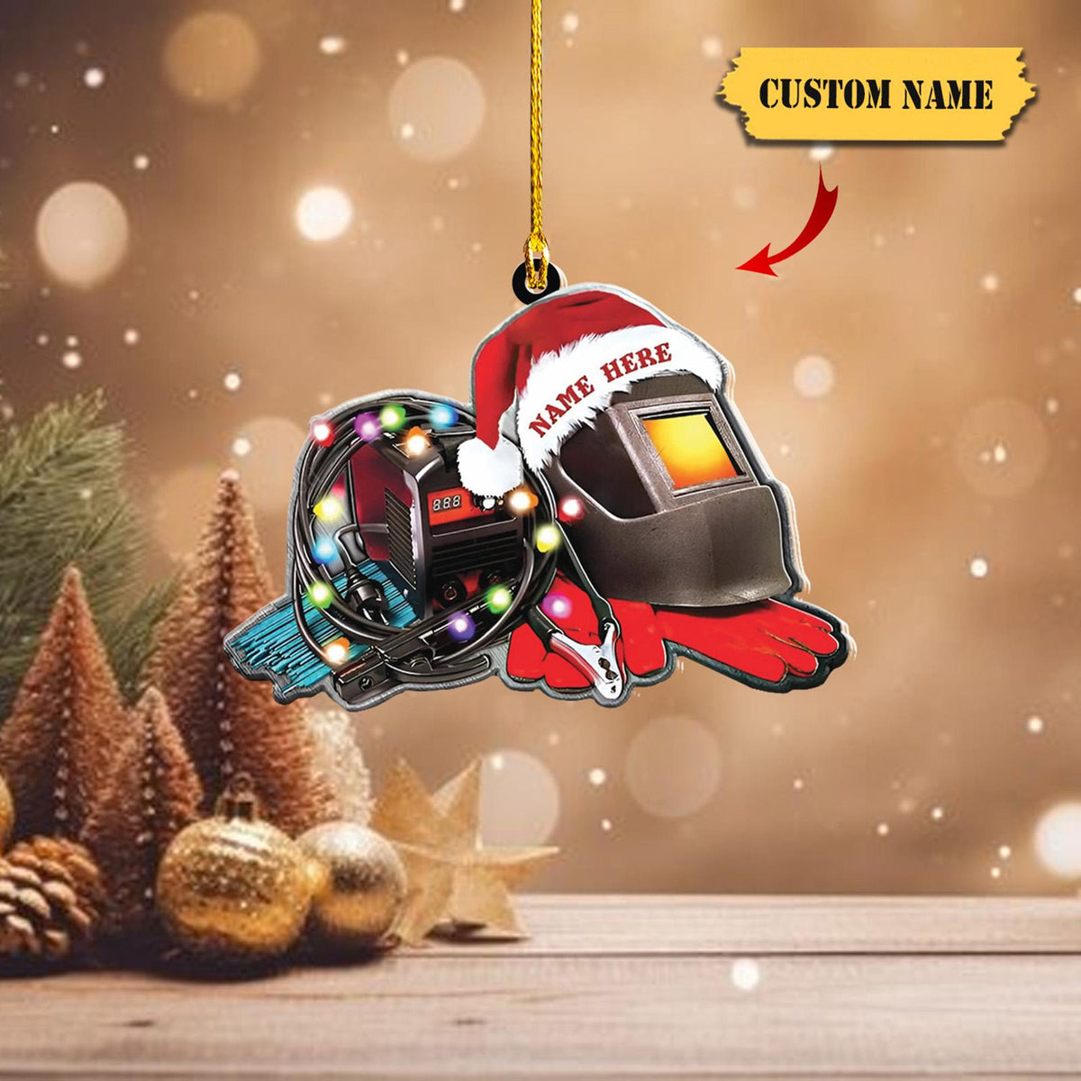 Festive Welder Helmet Ornament 2D - Personalized Christmas Decor With Lights - Custom Welding Gear Holiday Gift