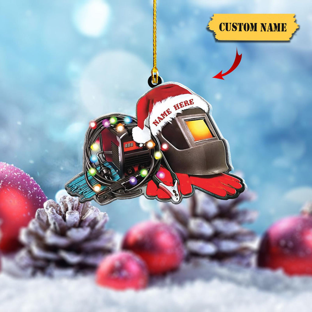 Festive Welder Helmet Ornament 2D - Personalized Christmas Decor With Lights - Custom Welding Gear Holiday Gift