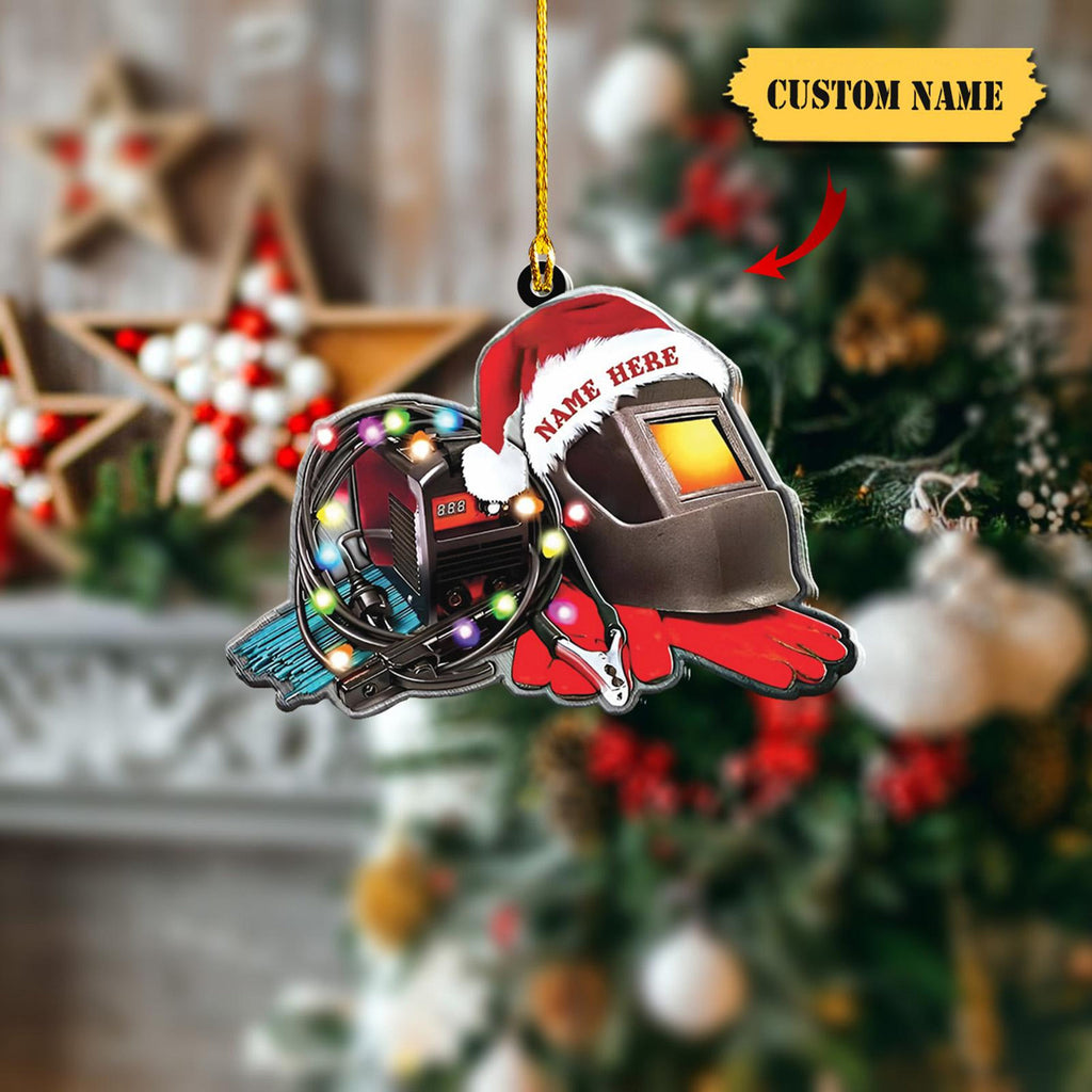 Festive Welder Helmet Ornament 2D - Personalized Christmas Decor With Lights - Custom Welding Gear Holiday Gift