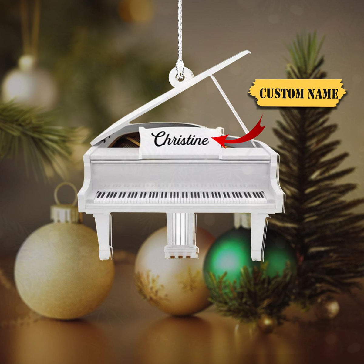 White Piano Christmas Ornament Personalized Piano Ornament For Piano Lover, Musician Ornament Gift, Piano Player Ornament
