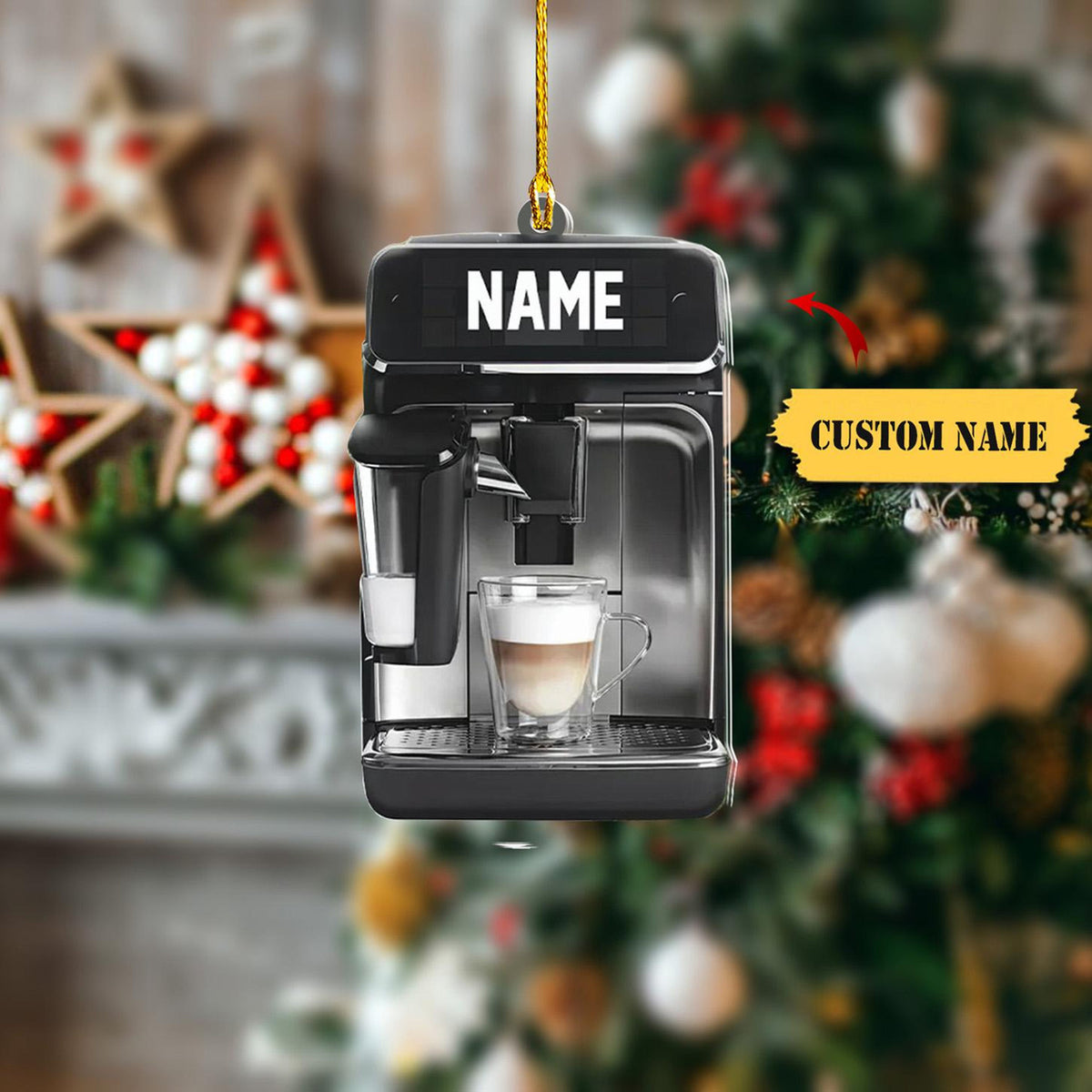 Arabic Coffee Christmas Ornament Flat 2D, Custom Name Barista Ornament, Christmas Gift, Coffee Machine Keepsake, Gift For Coffee Lovers