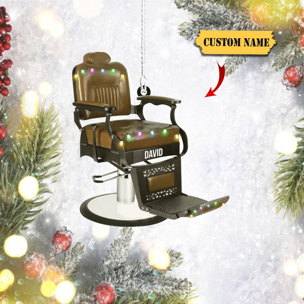 Barber Chair Personalized Christmas Ornament 2D, For Baber Shop Owner Gift, Barber Chair With Christmas Light, Gift For Christmas.