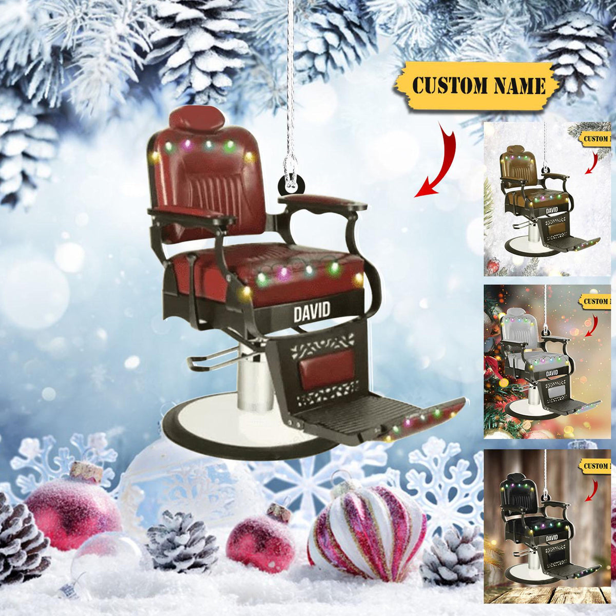 Barber Chair Personalized Christmas Ornament 2D, For Baber Shop Owner Gift, Barber Chair With Christmas Light, Gift For Christmas.