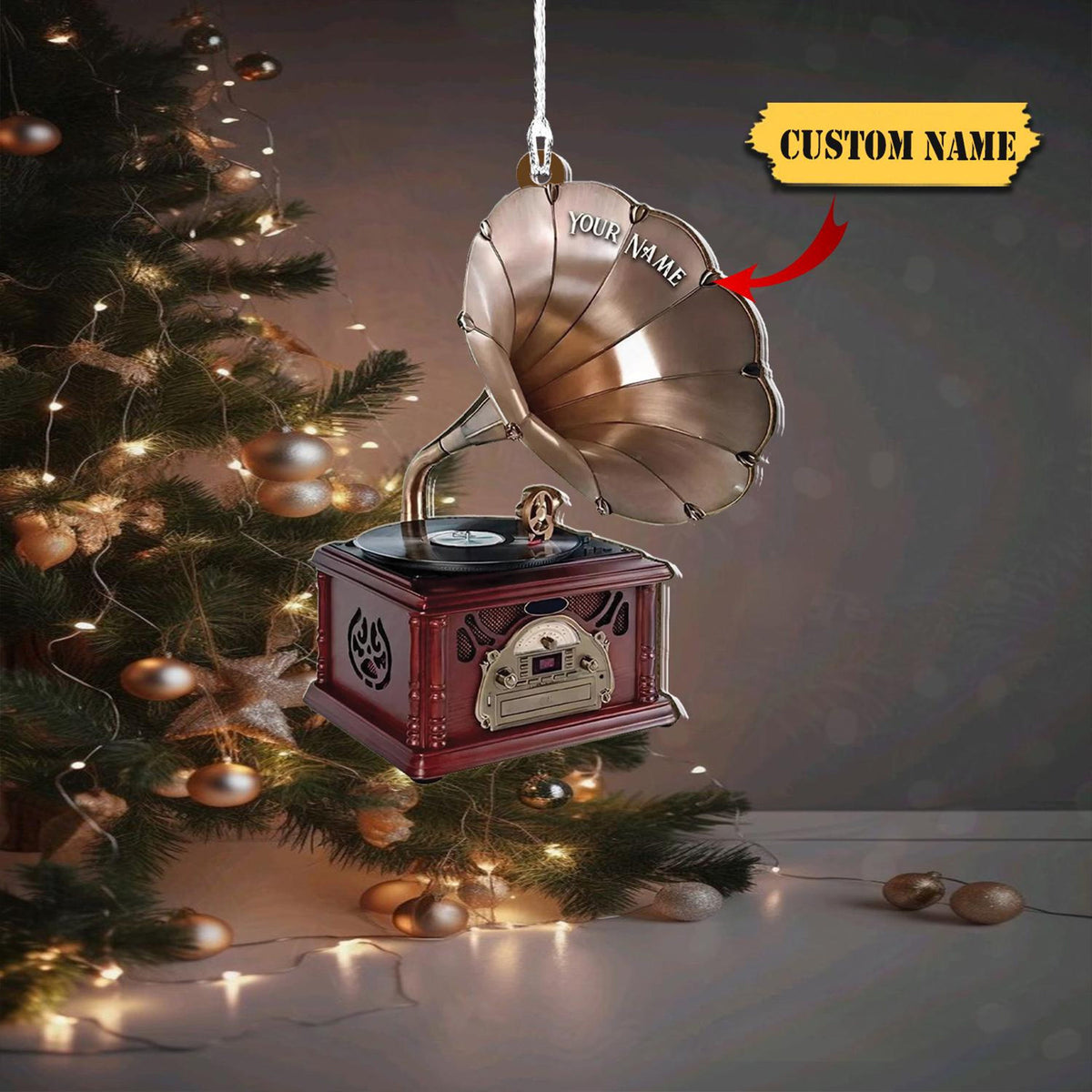 Personalized Phonograph Christmas Ornament Musical Instrument Hanging Ornament, Music Teacher Gift, Vintage Phonograph 2D Ornament Gift Ideal