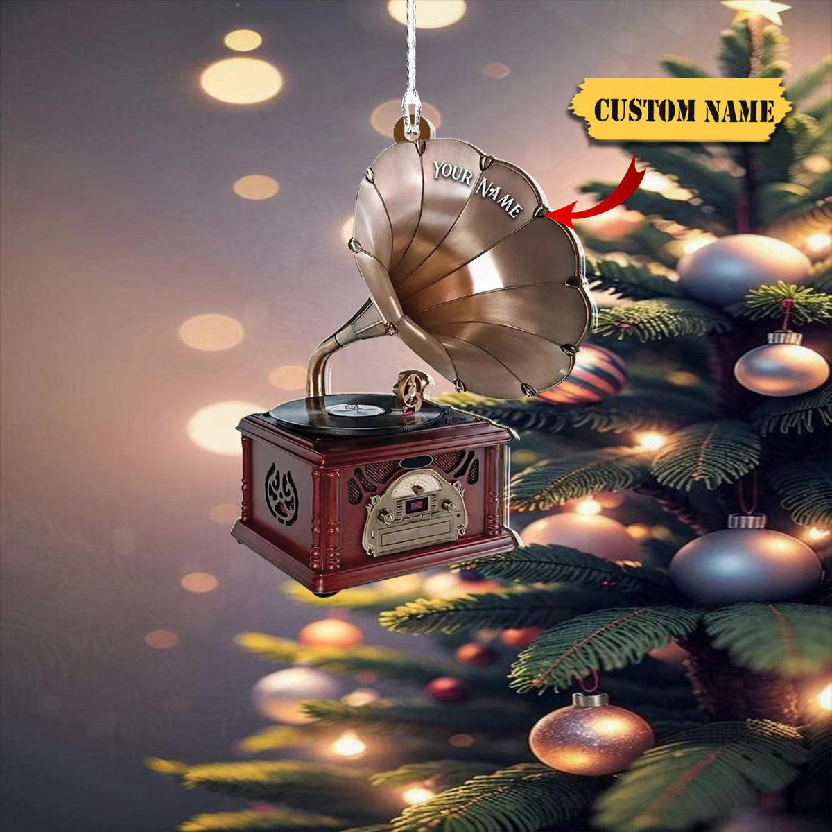 Personalized Phonograph Christmas Ornament Musical Instrument Hanging Ornament, Music Teacher Gift, Vintage Phonograph 2D Ornament Gift Ideal