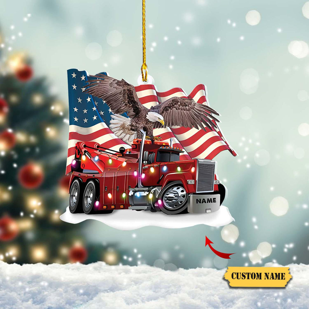 Trucker Christmas With Flag Personalized Christmas Ornament, Gift For Trucker, Flat Acrylic Ornament For Dad, Truck Ornament Christmas, 2D Ornament
