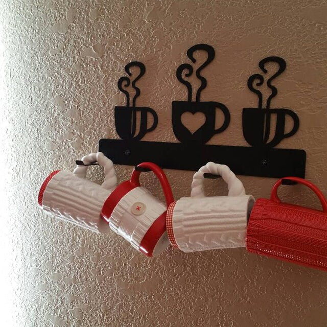 Coffee Cup Mug Rack Four Cup Holder Metal Wall Hanging Kitchen Organizer Kitchen Decor