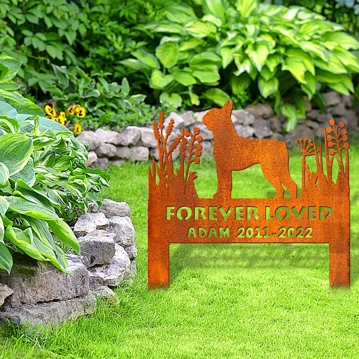 Boston Terrier Memorial Stake Corten Sign Personalized, Pet Grave Markers Sign, Sign With Stake, Pet Loss Gift, Sympathy Sign, Remembrance Stake