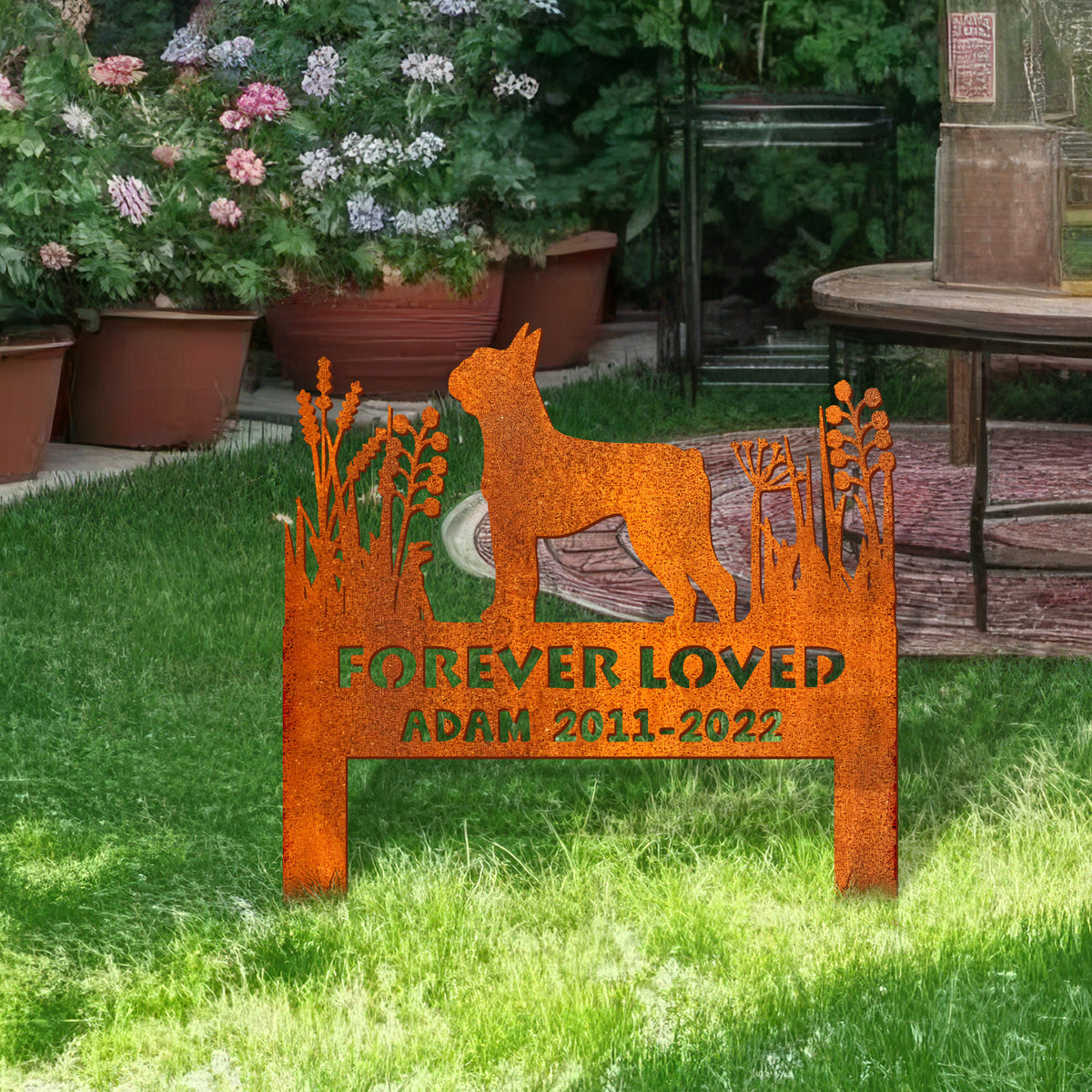 Boston Terrier Memorial Stake Corten Sign Personalized, Pet Grave Markers Sign, Sign With Stake, Pet Loss Gift, Sympathy Sign, Remembrance Stake