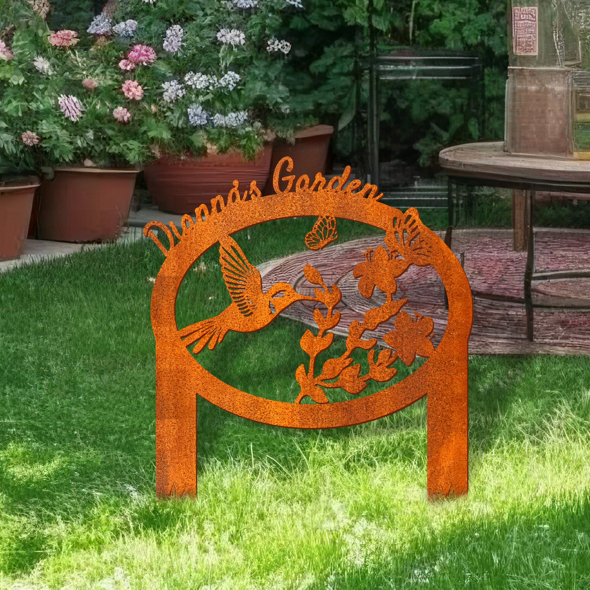 Hummingbird Butterfly Garden Metal Sign Personalized, Custom Garden Stake Corten Sign , Mother's Day Gift, Garden Decor, Garden Name Sign