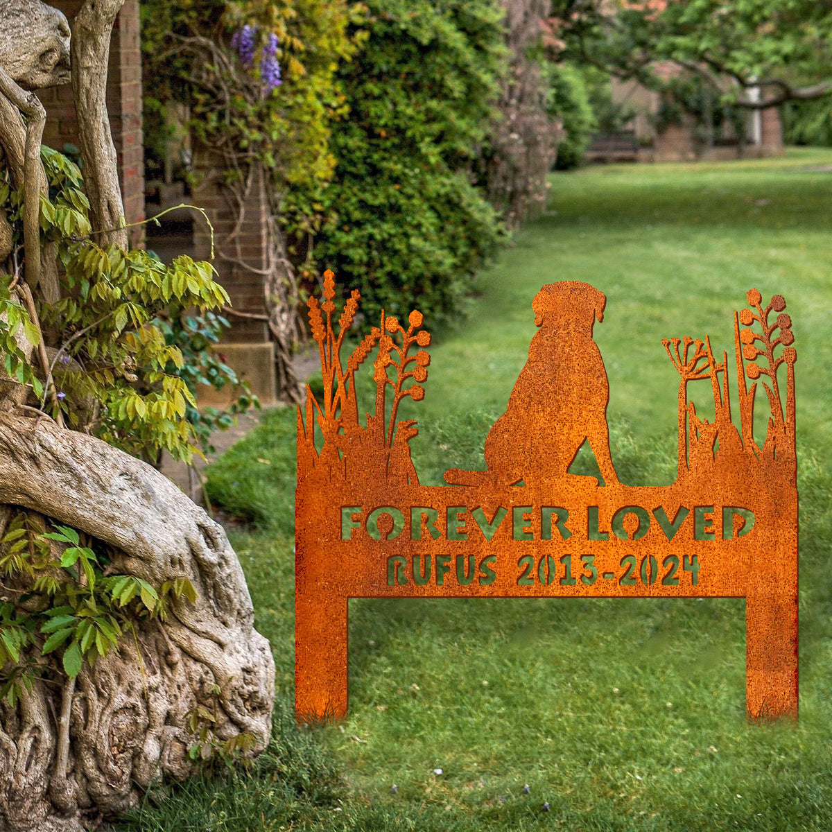 Personalized Pet Silhouette Stake Corten Sign , Custom Dog Memorial Stake Corten Sign , Custom Breed Sign, Custom Logo Sign