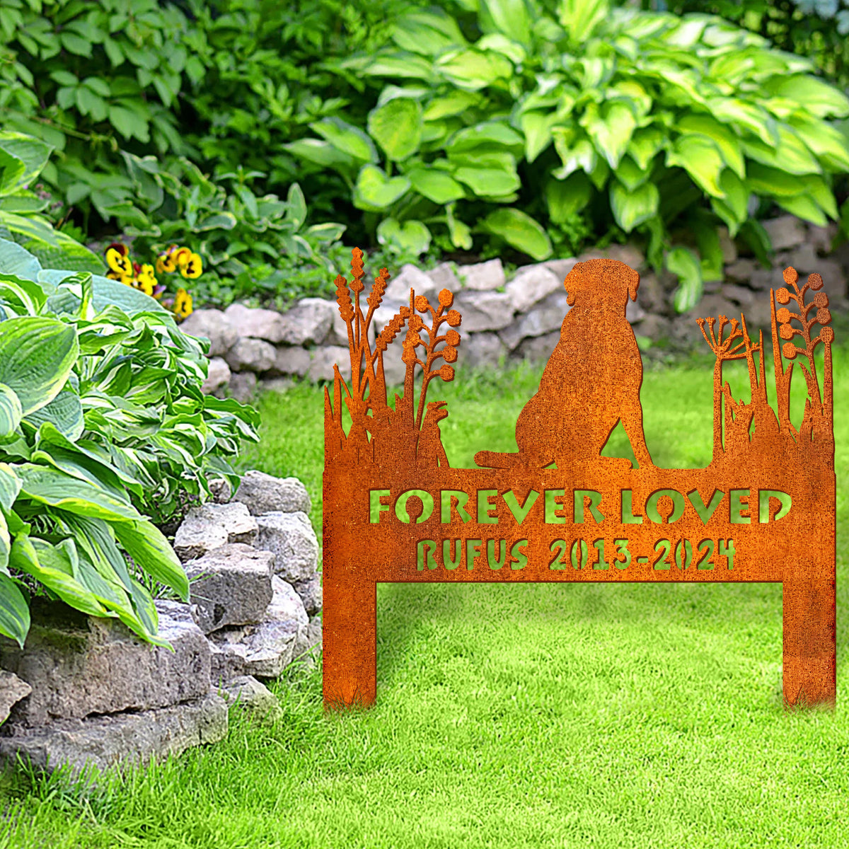 Personalized Pet Silhouette Stake Corten Sign , Custom Dog Memorial Stake Corten Sign , Custom Breed Sign, Custom Logo Sign