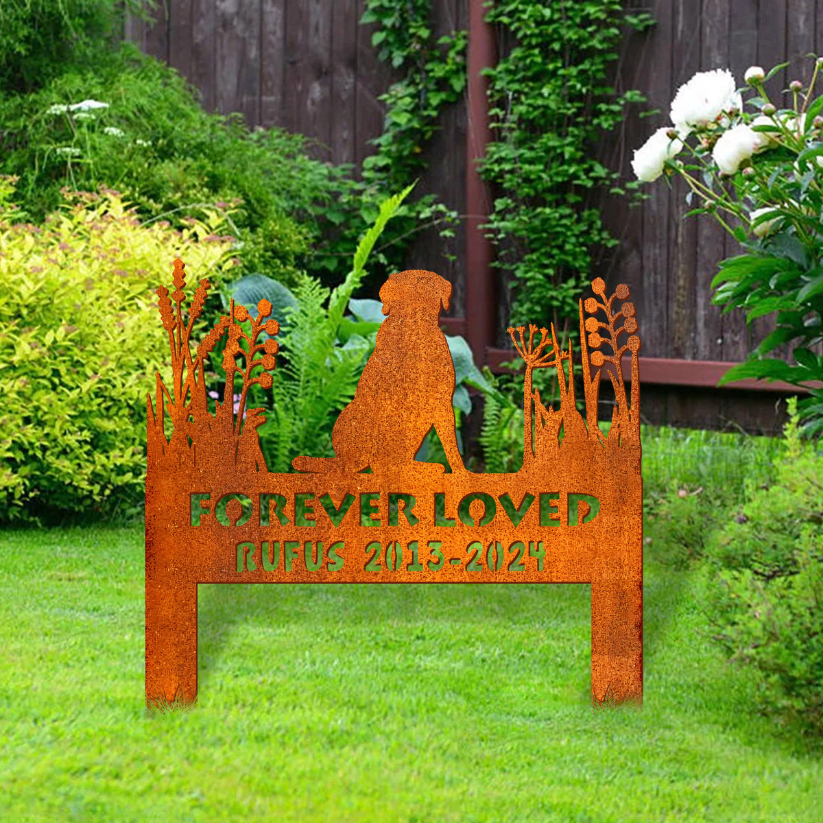 Personalized Pet Silhouette Stake Corten Sign , Custom Dog Memorial Stake Corten Sign , Custom Breed Sign, Custom Logo Sign