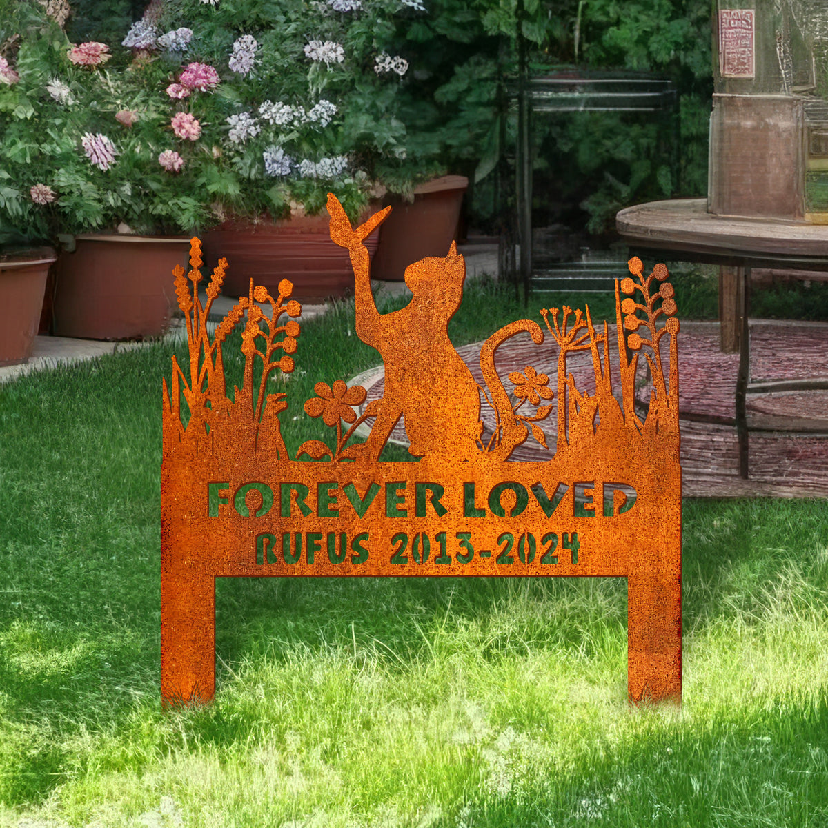 Cat Garden Memorial Stake Corten Sign Personalized, Pet Grave Markers Sign, Pet Loss Gift, Cat Butterfly Decoration, Sympathy Sign, Remembrance Stake