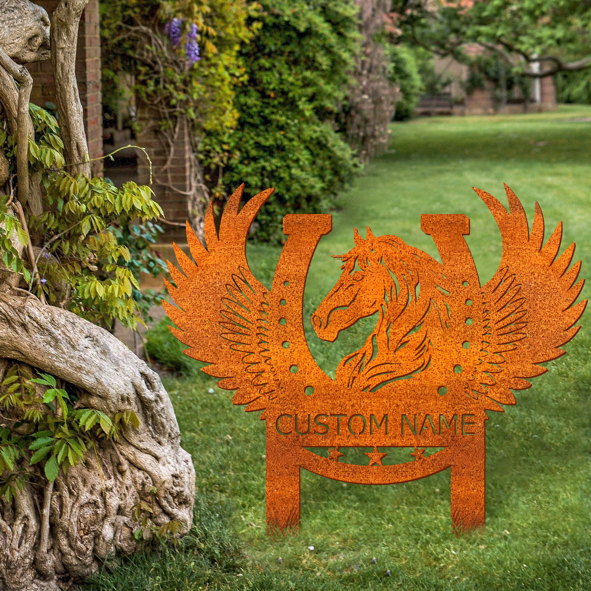 Horse Head Horseshoe Stake Corten Sign , Custom Horse Memorial Stake Corten Sign , Pet Grave Markers Sign, Ranch Decor, Horse Welcome Sign, Horse Lover Gift