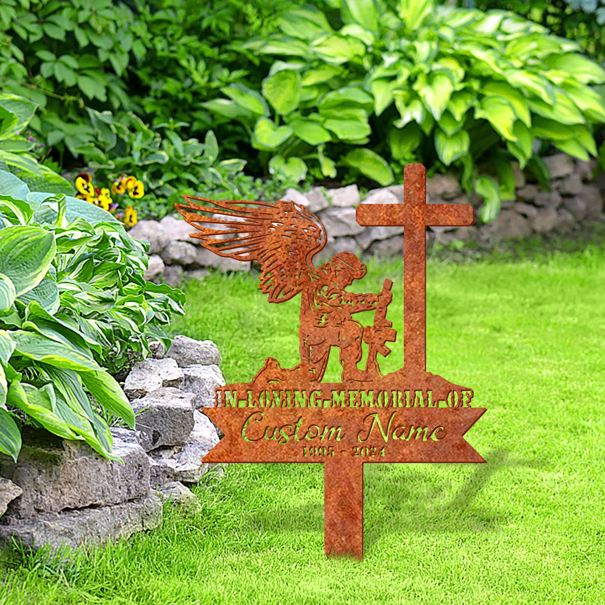 Personalize Soldier Kneeling At Cross Sign Soldier Memorial Veteran Memorial Stake, Veteran Sign, Sympathy Sign, Grave Marker, Remembrance Stake