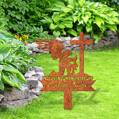 Personalize Soldier Kneeling At Cross Sign Soldier Memorial Veteran Memorial Stake, Veteran Sign, Sympathy Sign, Grave Marker, Remembrance Stake