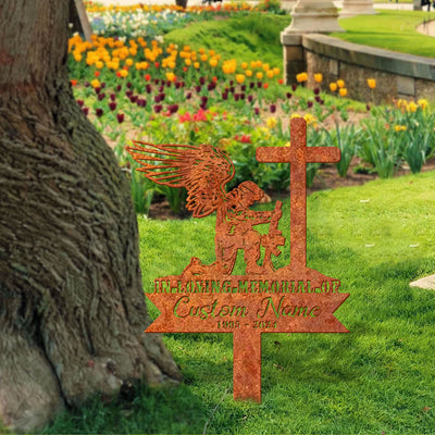 Personalize Soldier Kneeling At Cross Sign Soldier Memorial Veteran Memorial Stake, Veteran Sign, Sympathy Sign, Grave Marker, Remembrance Stake