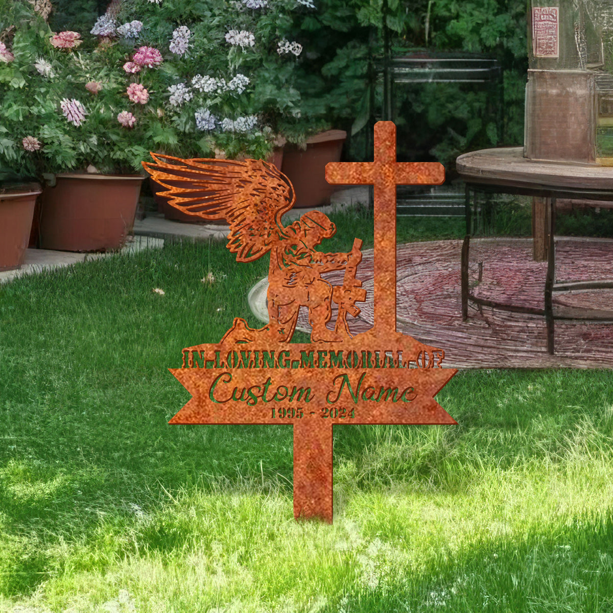 Personalize Soldier Kneeling At Cross Sign Soldier Memorial Veteran Memorial Stake, Veteran Sign, Sympathy Sign, Grave Marker, Remembrance Stake