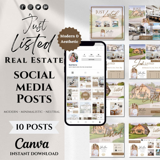 10 Just Listed Social Media Posts | Real Estate New Listing Instagram Posts | Realtor Marketing | Canva Templates