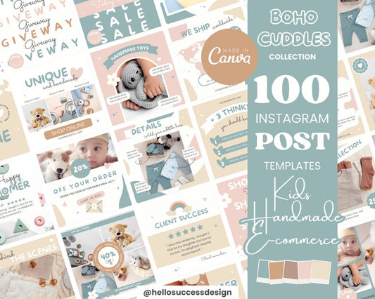 100X Pastel Boho Instagram Post Templates -Kids Baby Handmade Custom Business Product E-commerce Content Colorful Shop Cute Social Media BC1