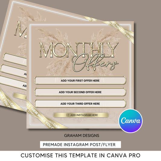 Ofertas mensuales, Canva editable, plantilla para feed de Instagram, industria de la belleza, publicación prefabricada boho chic, para esteticistas, beige y dorado