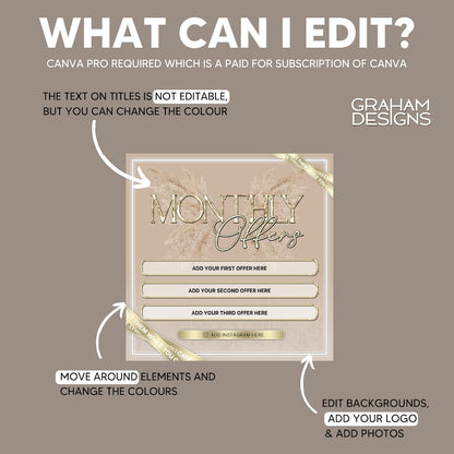 Monthly Offers, Canva Editable, Template for Instagram Feed, Beauty Industry, Boho Chic Premade Post, For Beautician, Beige & Gold