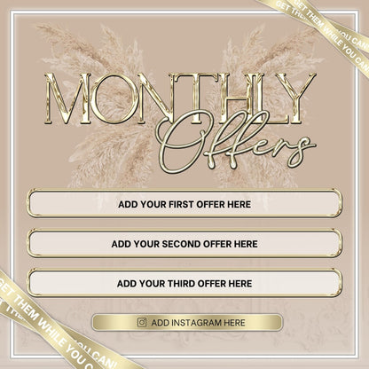 Monthly Offers, Canva Editable, Template for Instagram Feed, Beauty Industry, Boho Chic Premade Post, For Beautician, Beige & Gold