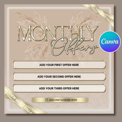 Monthly Offers, Canva Editable, Template for Instagram Feed, Beauty Industry, Boho Chic Premade Post, For Beautician, Beige & Gold