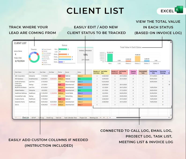 Seguimiento de clientes de Excel | Panel de CRM, plantilla para pequeñas empresas, seguimiento de negocios de Excel, hoja de cálculo de negocios de Business Planner, seguimiento de clientes potenciales