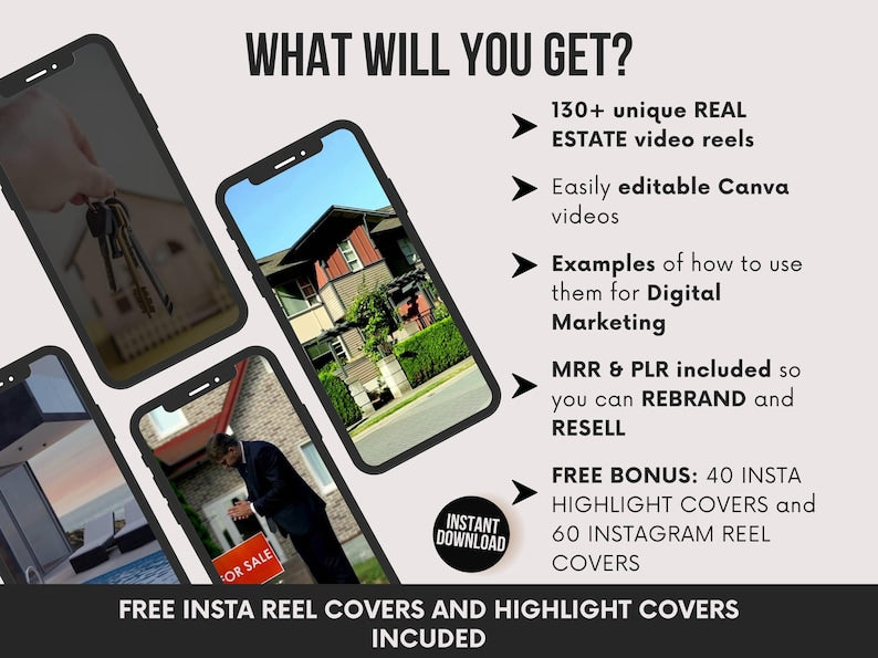 130+ Real Estate Reels with Master Resell & Private Label Rights, MRR/PLR Faceless Digital Marketing Videos for Realtors, DFY content bank